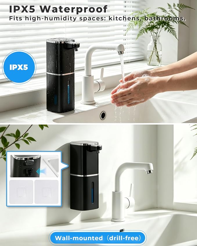 Automatic Foaming Soap Dispenser Touchless, USB Rechargeable Smart Hand Soap Dispenser, 9-Level Adjustable, 13.5oz/400mL,IPX5 Waterproof, Wall/Tabletop Kitchen Bathroom, Black