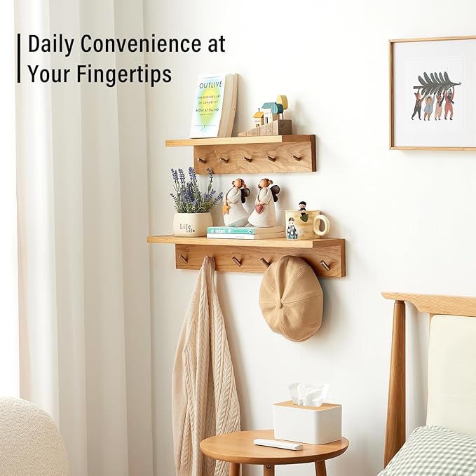 Wall Hooks with Shelf Oak Wood Coat Rack Shelf Wall Mounted, Entryway Shelves with 5 Metal Hangers for Clothes Hats Towel for Bathroom, Bedroom, Living Room (Natural, 20 inches)