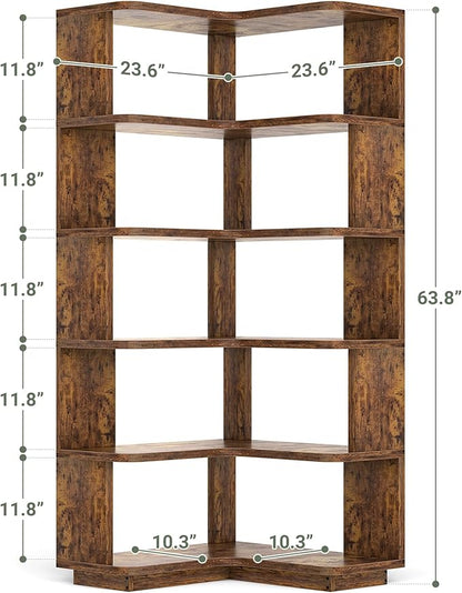 Armocity Corner Book Shelf - 6 Tier Corner Bookshelf Etagere Bookcase with Baffle, Freestanding L Shaped Display Shelf Stand for Home Office, Living Room, Bedroom, Kitchen, Rustic Brown