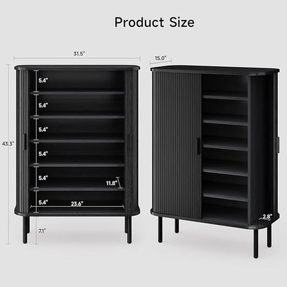 ONBRILL 6-Tier Shoe Cabinet with Sliding Door, Wooden Shoe Storage Cabinet with Adjustable Shelves, Mid-Century Modern Freestanding Shoe Storage Organizer for Entryway, Hallway, Living Room, Black