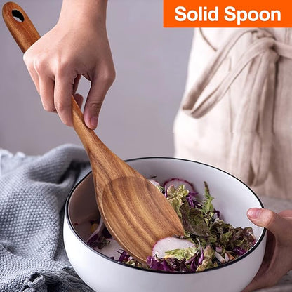 2-Piece 14 inch Large Wooden Spoon Set Non Toxic Solid Wood Spoons Cooking Utensils Slotted Spoon Long Non-Stick Cooking Spoons Teak Wood Kitchen Spatula for Mixing Stirring Serving Spoons
