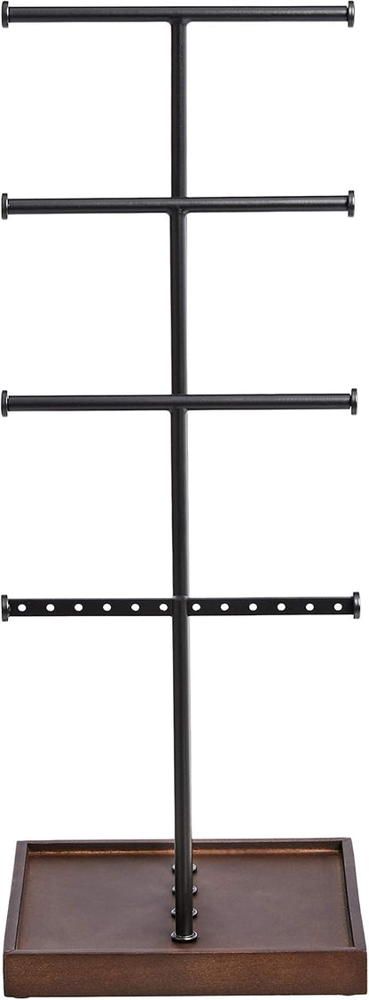 Amazon Basics Four-Tier Jewelry Organizer Tree Stand, Necklace Earring Bracelet Holder with Ring Storage, Walnut/Black