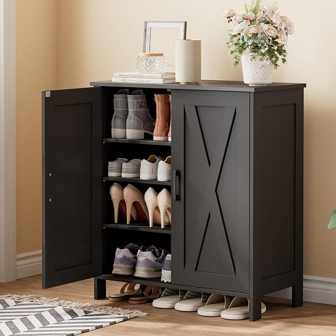 Homleke Farmhouse Shoe Cabinet with 2 Barn Doors & Wood Legs, 5-Tier Shoe Storage Cabinet with 3 Adjustable Shelves, Tall Shoe Rack Organizer for Closet, Shoe Organizer for Entryway, Hallway, Black