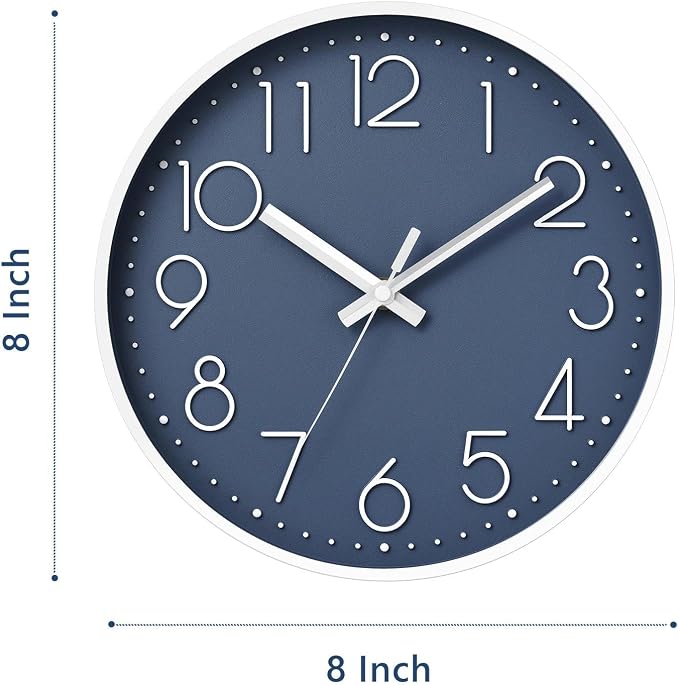 DAXSMY Wall Clock - 8 Inch Silent Non-Ticking Modern 3D Wall Clocks Battery Operated - Decorative Clock for Kitchen, Home Office, Bathroom, Bedroom(Azure Blue)