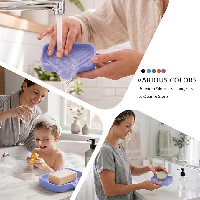 MicoYang Silicone Soap Dish with Drain Spout, Self-Draining Sink Organizer Tray for Bathroom & Kitchen, Sponges, Dispensers & Soap Holder, Non-Slip & Dishwasher Safe, Light Purple (Compact, 4.9"×3.2")