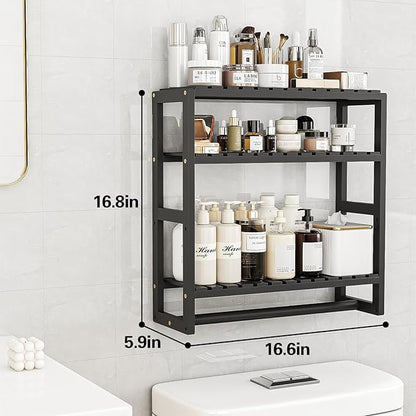 Galood Over The Toilet Storage Bathroom Shelves Wall Mounted 3 Tier Space Saver Corner Shelf Organizer Bamboo Towel Rack Toilet Paper Cabinet with Hanging Rod Black Sets