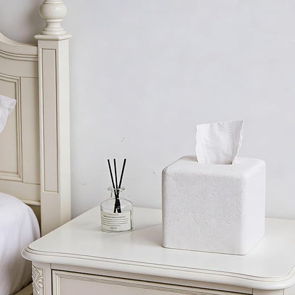White Sandstone Tissue Box Cover Square for Home Decor,Resin Heavy Tissue Box Holder for Bathroom Countertop,Tabletop,Bedside Table,Office (Handmade of Resin)