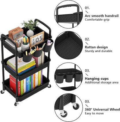 MOYIPIN 3-Tier Plastic Rolling Utility Cart with Handle,Utility Storage Cart for Office, Living Room, Kitchen,Movable Storage Organizer Shelves,Black with 3 Hanging Cups
