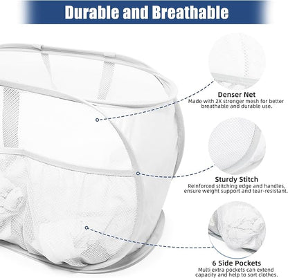 2 Pack Collapsible Laundry Baskets, Upgrade Pop Up Laundry Hamper with Convenient Bags, Foldable Laundry Basket Mesh Light Weight, Easy to Carry Clothes Hampers for Laundry, Dorm, Toys, Travel White