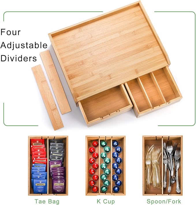 SOUJOY Bamboo Drawer Organizer for Coffee Pod, K Cup Organizer for Counter, Tea Bag Storage Organizer with Drawer and Side Storage Box for Kitchen Office Coffee Bar