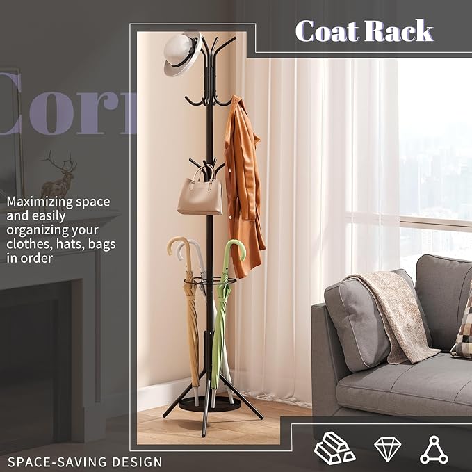 Coat Rack Freestanding,Entryway Hanger Stand,Umbrella Holder,Hall Tree With 12 Hooks, Floor Standing Metal Tree Stand,Black