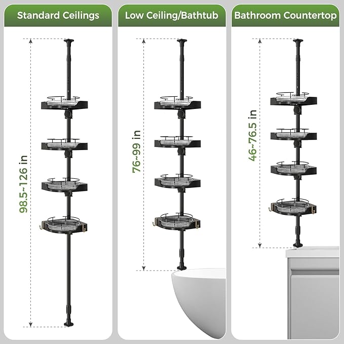 360° Rotating Shower Caddy Tension Pole, 4-Tier Corner Shower Organizer with Adjustable Shelves & Hooks, Rustproof Metal Pole, No Drilling Bathroom Storage Rack for Bathtub, 34-124”(Black)