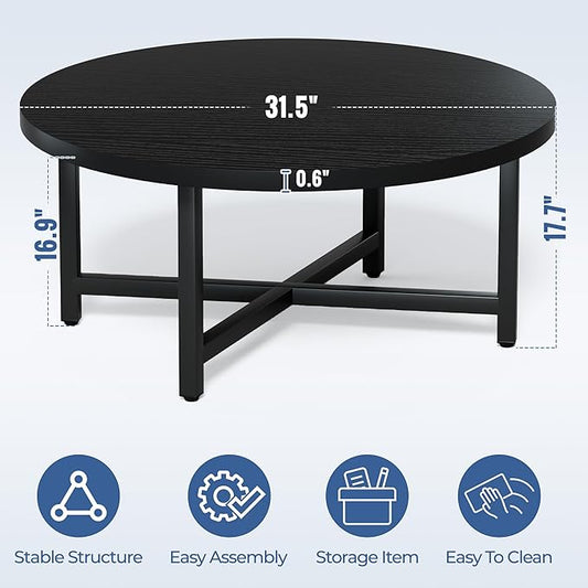 Coffee Table, 31.5" Large Coffee Tables, Black Round Coffee Tables for Living Room, Floor Table for Sitting on The Floor, Center Coffee Table with Metal Frame for Office Apartment Home