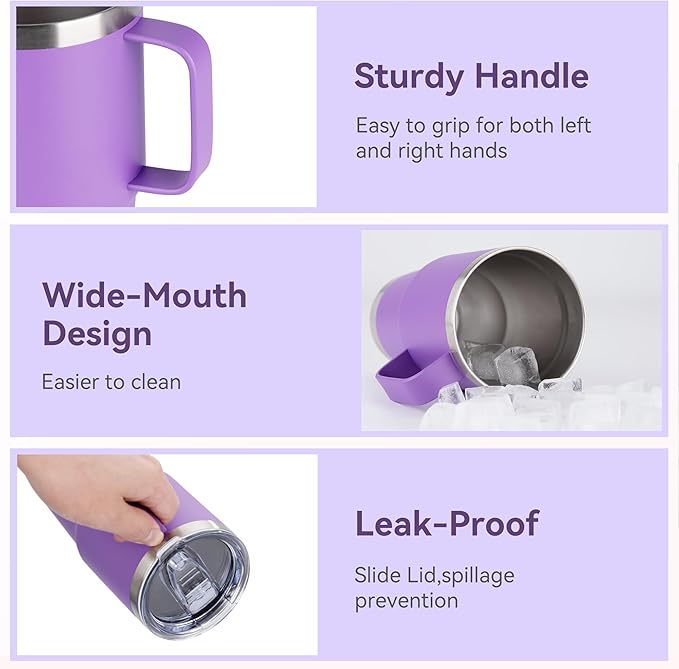 20oz Tumbler Bulk with Lid, Stainless Steel Tumbler Bulk with Handle, Metal Insulated Travel Coffee Mug Set with Handle, Double Wall Vacuum Leak Proof Tumbler Cup, Purple 12 Pack
