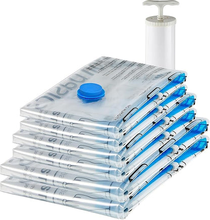 Amazon Basics Vacuum Storage Bags for Clothing, Multiple Sizes Compression Zipper Bags with Hand Pump for Space Saving and Travel, 6-Pack (2 Medium, 2 Large, 2 Jumbo), Transparent