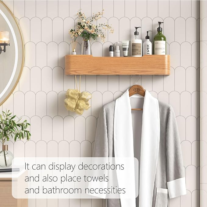 Coat Rack Wall Mount with Hidden Hooks Modern Key Holder Wood Entryway Hook with Shelf for Bedroom Kitchen Hallway Bathroom Designed for Hanging Coats Hats Bags Towels Dog Leashe(Oak,5 Hooks)