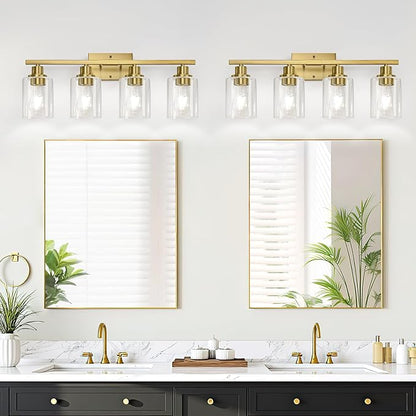 4-Light Bathroom Light Fixtures, Vanity Light with Clear Glass Shades, Brushed Gold Bathroom Light Fixtures Over Mirror, Modern Bathroom Wall Lamp for Mirror Living Room Cabinet Bedroom