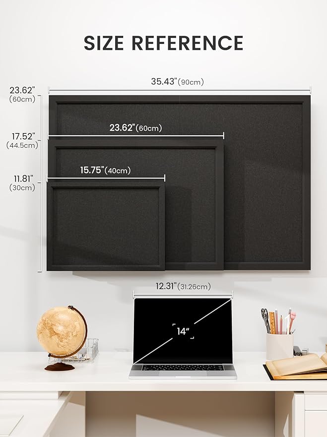 Fluxynara Felt Cork Board Alternative, Felt Bulletin Board 16" x 12" Black Frame with 8 Adhesive Tabs, Pin Board for Home Office, Classroom, Entryway, Kitchen Wall Decor—Black
