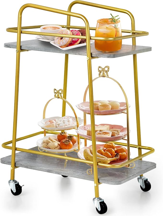 COSTWAY 2-Tier Kitchen Storage Rolling Cart, Storage Trolley Serving Cart with Handle, Marbling Pattern Countertop, Lockable Wheels for Home, Dining Room, Office, Restaurant, Hotel