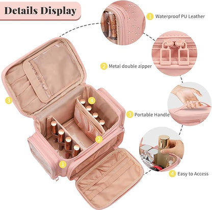 Bagmoly Large Makeup Bag, Portable Travel Makeup Bag Organizer for Women Girls with Makeup Brush Compartment & Two Side Pockets, Cosmetic Travel Bag Vertical Storage Toiletry - Pink