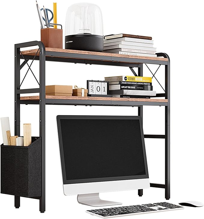 Desktop Shelves, Monitor Stand with Adjustable Shelves and Side Pockets, 2-Tier Desktop Bookshelf Organizer, Large Capacity Display Shelf Rack, Desk Hutch for Home Office, Rustic Brown