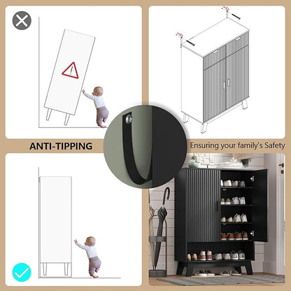 Shoe Cabinet Storage for Entryway with Doors, 5 Tier Fluted Shoe Organizer with Adjustable Shelves, Entryway Shoe Storage with Wooden Legs, Freestanding Hidden Shoe Rack for Front Door Entrance, Black