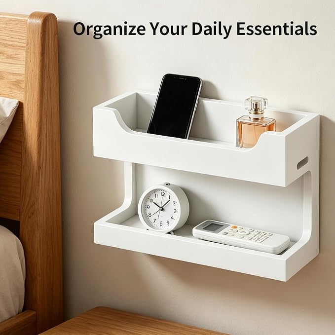 Wooden Bedside Caddy, Wall Mounted Shelf with Dual Storage Layers, Bedside Accessories Organizer with Charging Port for Phone, Remote, Earphone, Glasses