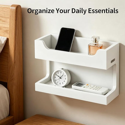 Wooden Bedside Caddy, Wall Mounted Shelf with Dual Storage Layers, Bedside Accessories Organizer with Charging Port for Phone, Remote, Earphone, Glasses