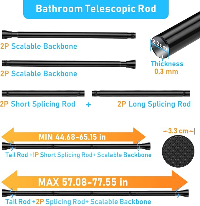 MEXAU 2 Pack Black Shower Curtain Rod 45 To 77 Inch Tension Shower Rod For Bathroom 7/8" Adjustable Spring Curtain Rod No Drilling Black Spring Rod Tension Curtain Rods for Windows Doorway Closet
