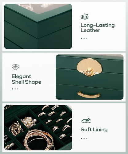 Jewelry Box with 2 Drawers: Display Organizer for Earrings Necklaces - Christmas Gifts for Girls Women (Forest Green)