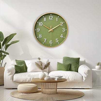 HZDHCLH Wall Clocks Battery Operated,Wall Clock Green Gold,10 inch Wall Clock Silent Non Ticking Modern 3D Numbers for Kitchen Bedroom Living Room Office Classroom Decor