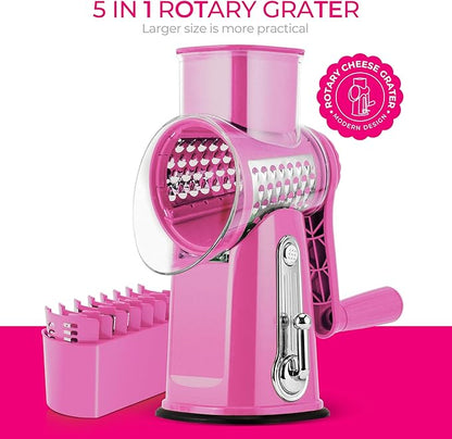 SUSTEAS Rotary Cheese Grater with Handle - Vegetable Shredder with 5 Well-designed Blades & Strong Suction Base,Round Mandoline Slicer & Food Chopper for Kitchen,with Blade Storage Box(Pink)