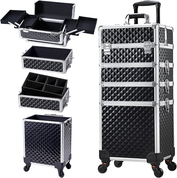 Stagiant Rolling Makeup Case Cosmetology Case on Wheels 4 in 1 Large Cosmetic Organizer Train Case Makeup Travel Case with Key Swivel Wheels Nail Artist Salon Storage Traveling Cart Trunk Black
