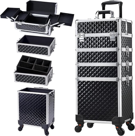 Stagiant Rolling Makeup Case Cosmetology Case on Wheels 4 in 1 Large Cosmetic Organizer Train Case Makeup Travel Case with Key Swivel Wheels Nail Artist Salon Storage Traveling Cart Trunk Black