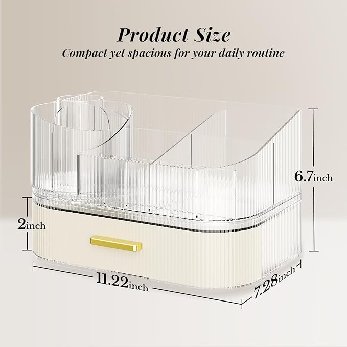 Delamu Makeup Organizer for Vanity with Stackable Drawers, 360 Rotating Makeup Brush Holder Large Cosmetic Display Case, Bathroom Skincare Storage, Elegant White, Ideal Christmas Gifts for Girls