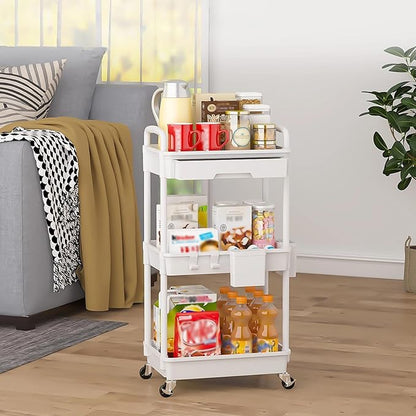 LLMRR 3 Tier Rolling Utility Cart with Drawer, Plastic Storage Organizer Rolling Carts with Wheels Handles Hanging Cups Hooks for Office, Bathroom, Kitchen,Craft Art Room (White)