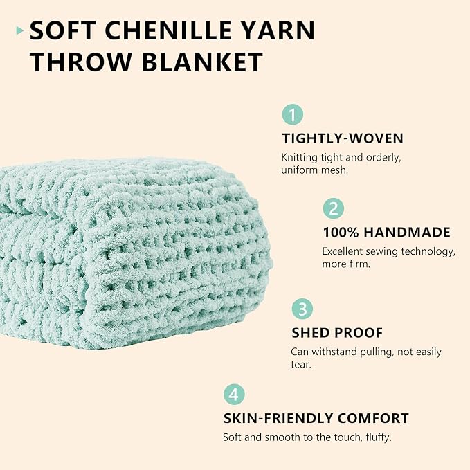 L'AGRATY Chunky Knit Blanket Throw: 50''x60'' Chenille Chunky Knitted Throw Blankets for Bed Couch - Handmade Thick Big Cable Knit Blanket - Large Crochet Rope Blankets for Home Decor(Mint Green)