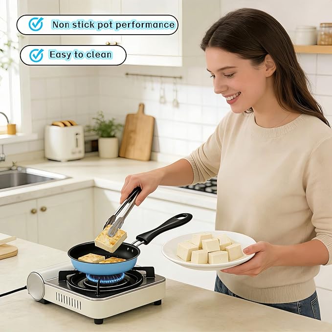 4.7 Inch Mini Frying Pan, Black Non-Stick Egg Pan with Hanging Hole, Flat Bottom Design for Gas, Induction, Electric Stove, Perfect for Single Serve Breakfast, Omelets & Camping, RV Use (Blue)