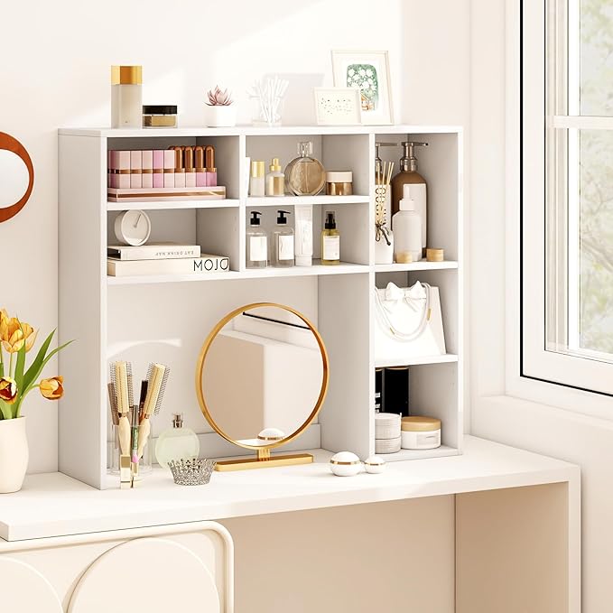 Desk Hutch, Desktop Shelf with 7 Shelves, Desk Bookshelf w/Anti-Toppling Devices, Wood Table Top Bookshelf Organizer, Small Desk Shelf for Study, Office, Dorm (White, 7 Shelves)