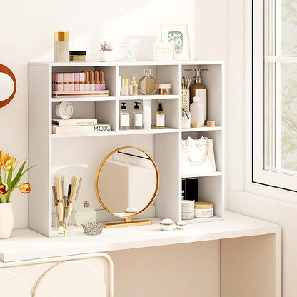 Desk Hutch, Desktop Shelf with 7 Shelves, Desk Bookshelf w/Anti-Toppling Devices, Wood Table Top Bookshelf Organizer, Small Desk Shelf for Study, Office, Dorm (White, 7 Shelves)