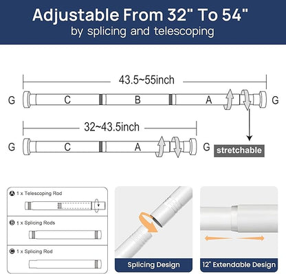 ENJOYBASICS 2 Pack Adjustable Spring Tension Curtain Rods 32 to 54 Inches, Stainless Steel White Shower Rod No Drilling for Window, Bathroom, Closet, Room Divider, 7/8" Diameter