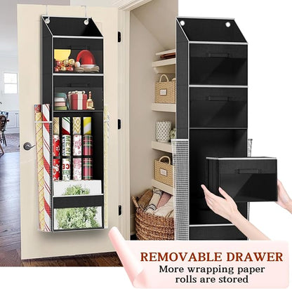 Black Over Door Wrapping Paper Organizer Storage with 3 Removable Drawers & Side Pockets – Dual Use Design with Elastic Straps – Christmas Gift Wrap Storage for Ribbons, Bows,Ornament and Other Tools