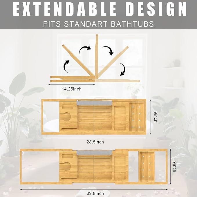Foldable Bathtub Caddy Tray for Tub,Bamboo Expandable Bath Table Trays,Premium Bathroom Accessories for New Home & Mothers Day & Birthday Gifts for Couples,Natural
