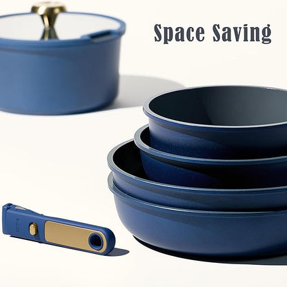 CAROTE Blue&Gold Ceramic Cookware Set Non Toxic, PFAS Free,15Pcs Pots and Pans Set Non Stick Detachable/Removable Handle,Kitchen Cooking Set Dishwasher Safe, Nonstick Pot and Pan, Induction Cookware