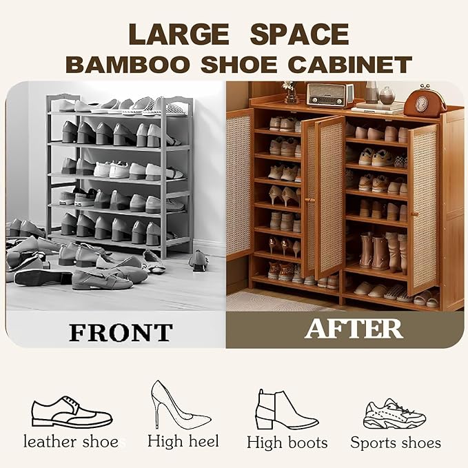 7-Tier Bamboo Shoe Cabinet，Shoe Storage Cabinet with Doors, 36-40 Pairs Freestanding Shoes Cabinet Organizer, Large Shoe Cabinet for Entryway, Hallway, Living Room