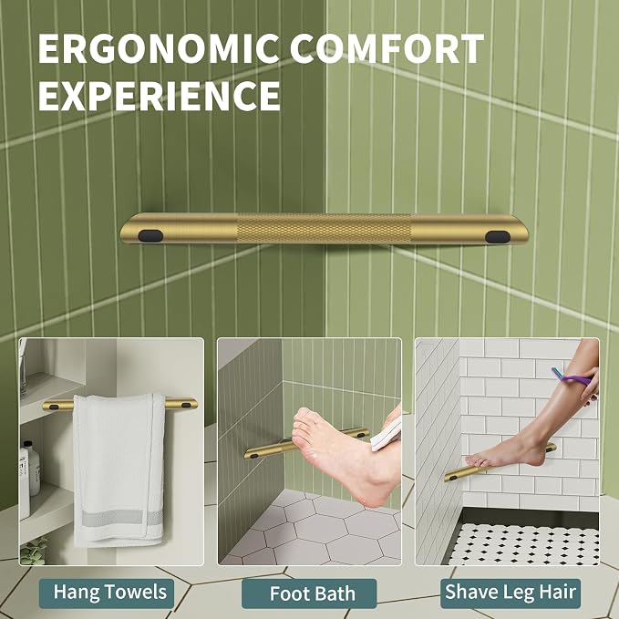 BWE Brushed Gold Shower Foot Rest Bar, Stainless Steel Bar Corner Shower Foot Rest for Shaving Legs, Non-Slip Knurled Shower Step, Wall Mounted Bathroom Shower Shaving Foot Rest