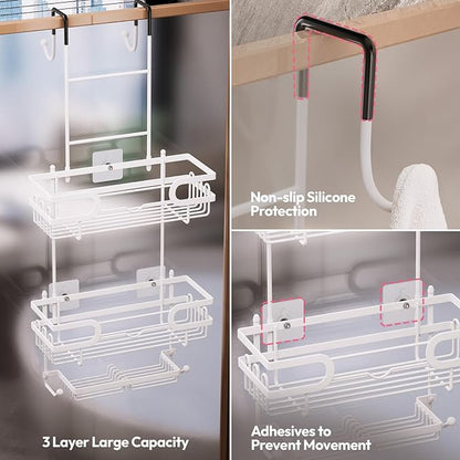 SWTYMIKI Over The Door Shower Caddy With Double Soap Holder, Hanging Shower Caddy With 16 Hooks, No Drilling Hanging Shower Organizer Over Door To Organize Bathroom Essentials, White
