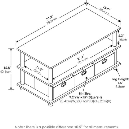 FURINNO Turn-N-Tube Coffee Table, 31.22D x 15.5W x 15.8H in, French Oak Grey/Black/Black