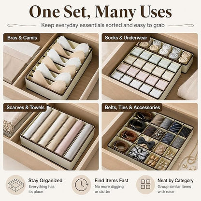 Drawer Organizer for Clothes Set, 4 Pack Foldable Dresser Closet Dividers (6/8/7/24-Cell), Non-Woven Underwear & Sock Drawer Organizer, Bra/Tie/Belt Storage Bins (Beige)