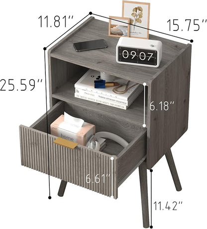 Nightstand,Modern Bedside Table with Storage Drawer and Open Wood Shelf, for Living Room, Bedroom and Small Spaces, Accent Night Stand with Solid Wood Legs, Easy Assembly,Grey Oak